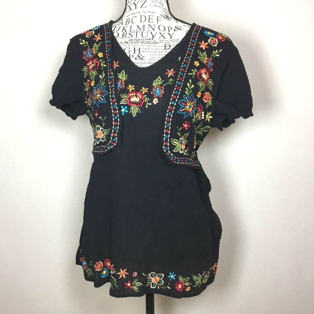 Black embroidered blouse with bolero attached tie back hippie boho festival M